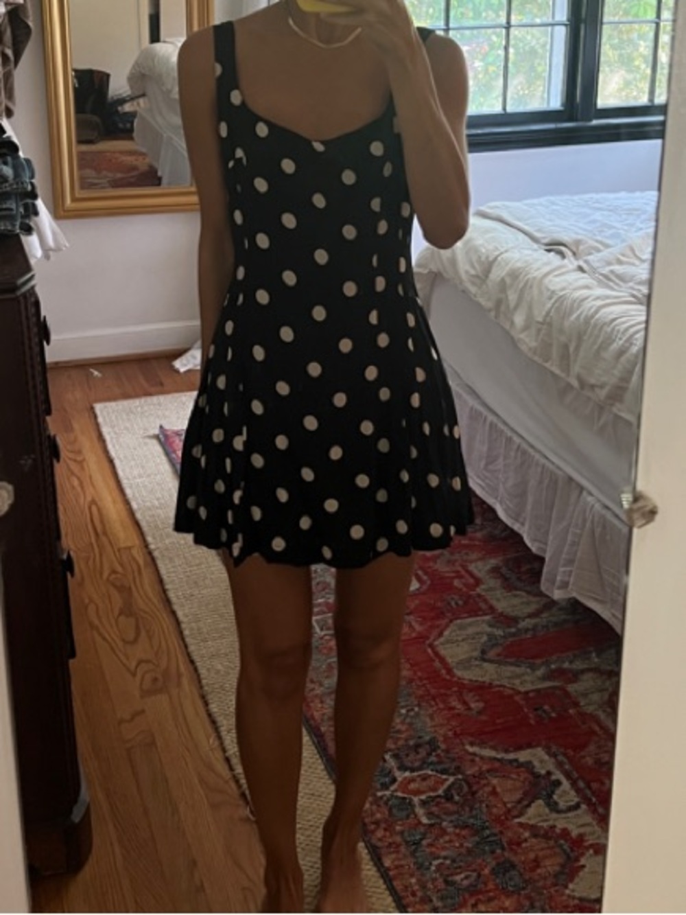 Olivaceous Black Mini Dress with White Polka Dots